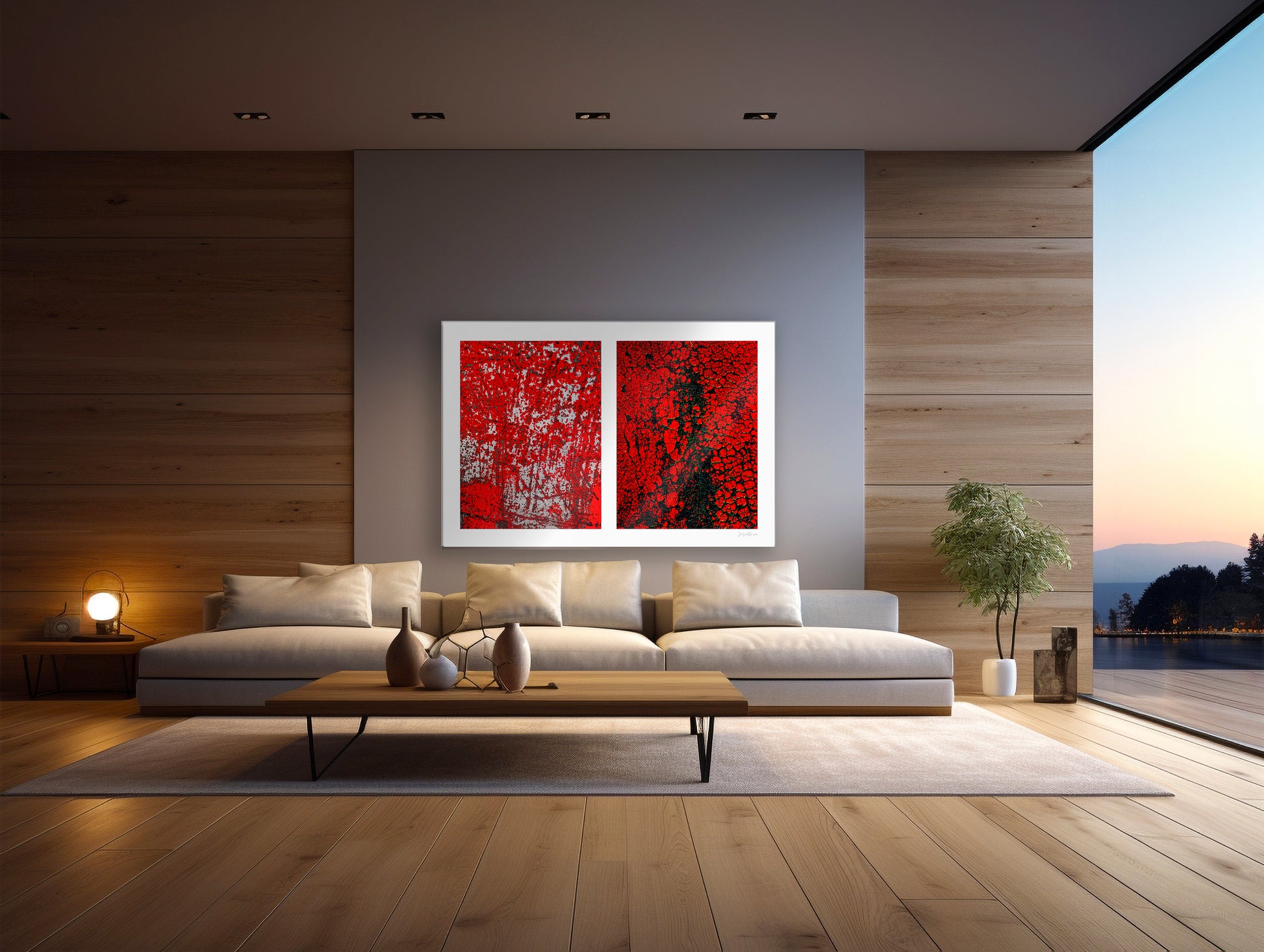 Abstract photographic diptych of highly textured surfaces in red, black, and white.  Example of x-large size in acrylic in a residential setting.