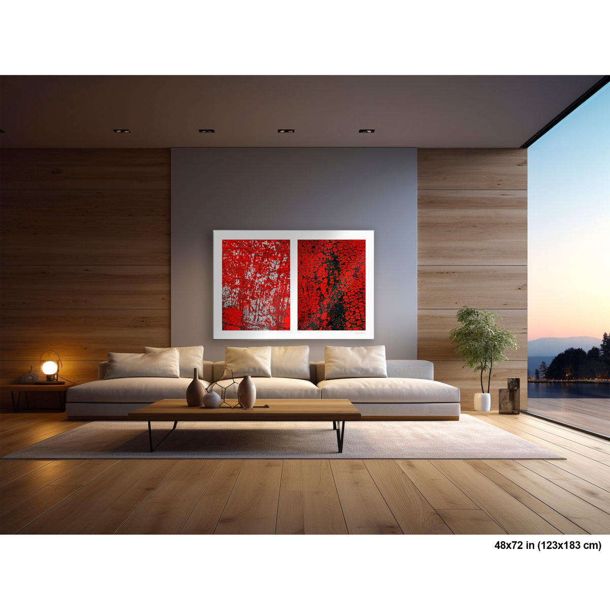 Crackles and Scrapes artwork by Susan Bowen, shown as 48x72 print. Features scratched steel road plate meets cracked and cratered bus lane paint in this intense red-and-black abstract street diptych.