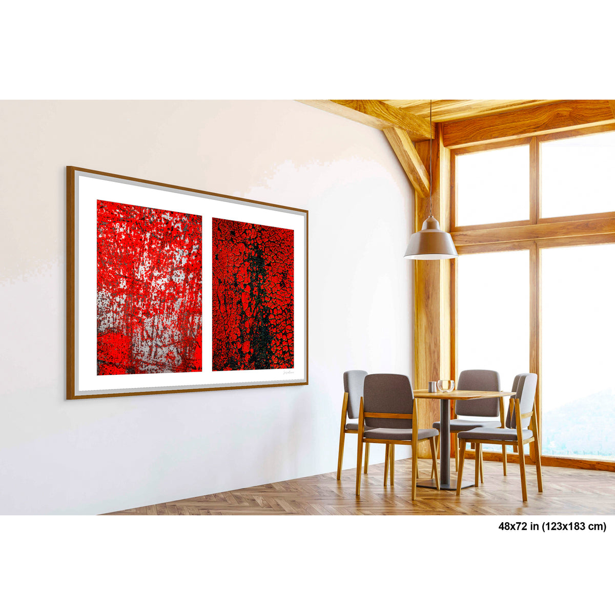 Crackles and Scrapes artwork by Susan Bowen, shown as 48x72 framed print. Features scratched steel road plate meets cracked and cratered bus lane paint in this intense red-and-black abstract street diptych.