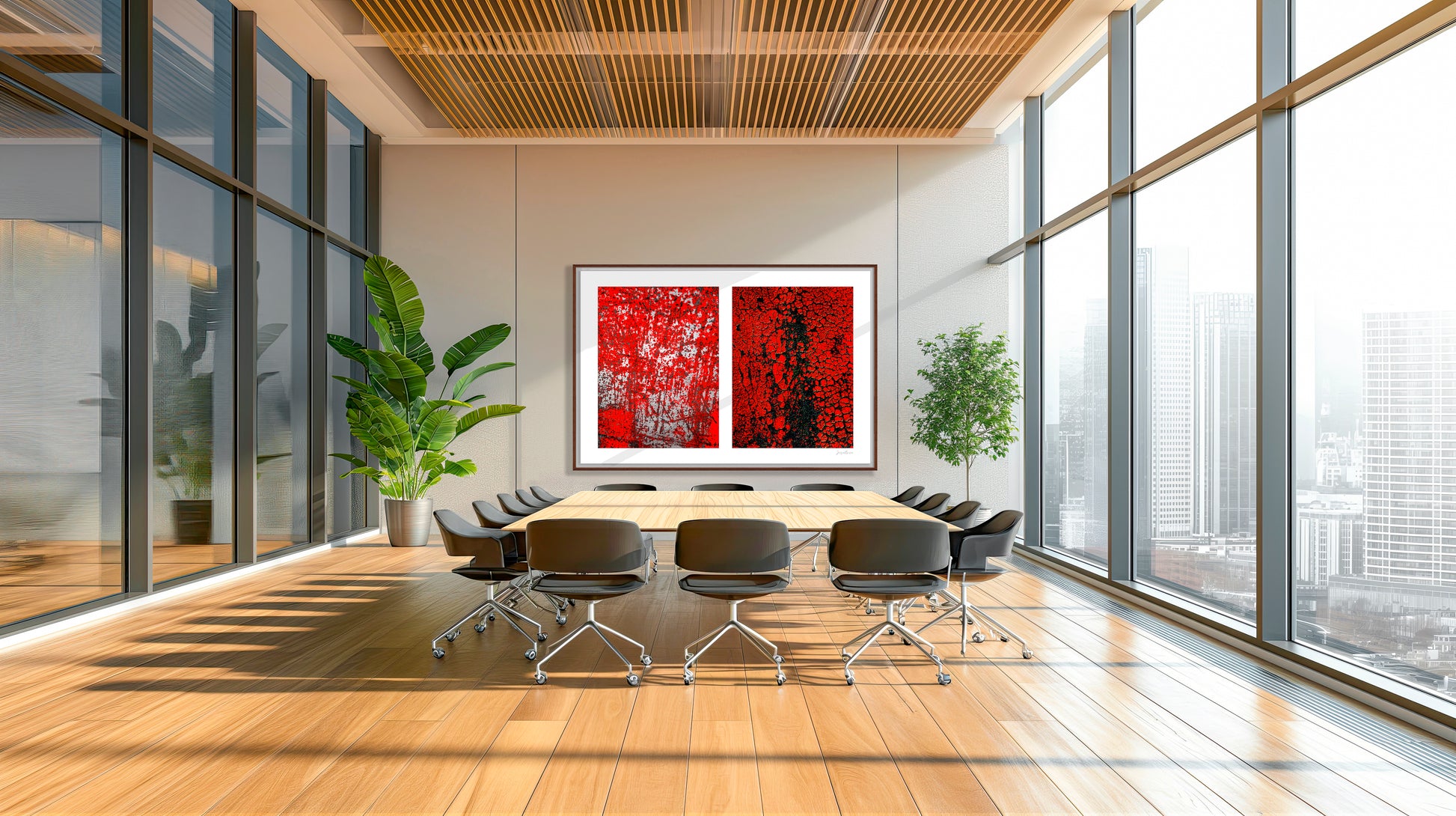 Abstract photographic diptych of highly textured surfaces in red, black, and white.  Example of x-large size framed in walnut in an office setting.
