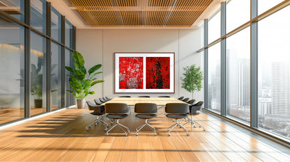 Abstract photographic diptych of highly textured surfaces in red, black, and white.  Example of x-large size framed in walnut in an office setting.
