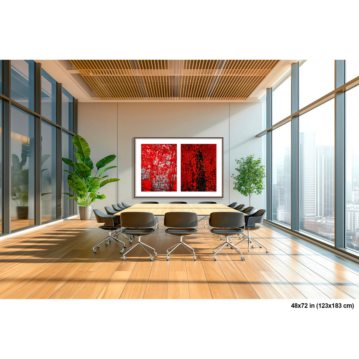 Crackles and Scrapes artwork by Susan Bowen, shown as 48x72 framed print. Features scratched steel road plate meets cracked and cratered bus lane paint in this intense red-and-black abstract street diptych.