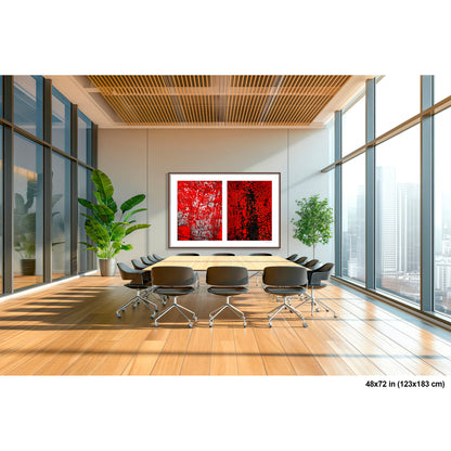 Crackles and Scrapes artwork by Susan Bowen, shown as 48x72 framed print. Features scratched steel road plate meets cracked and cratered bus lane paint in this intense red-and-black abstract street diptych.