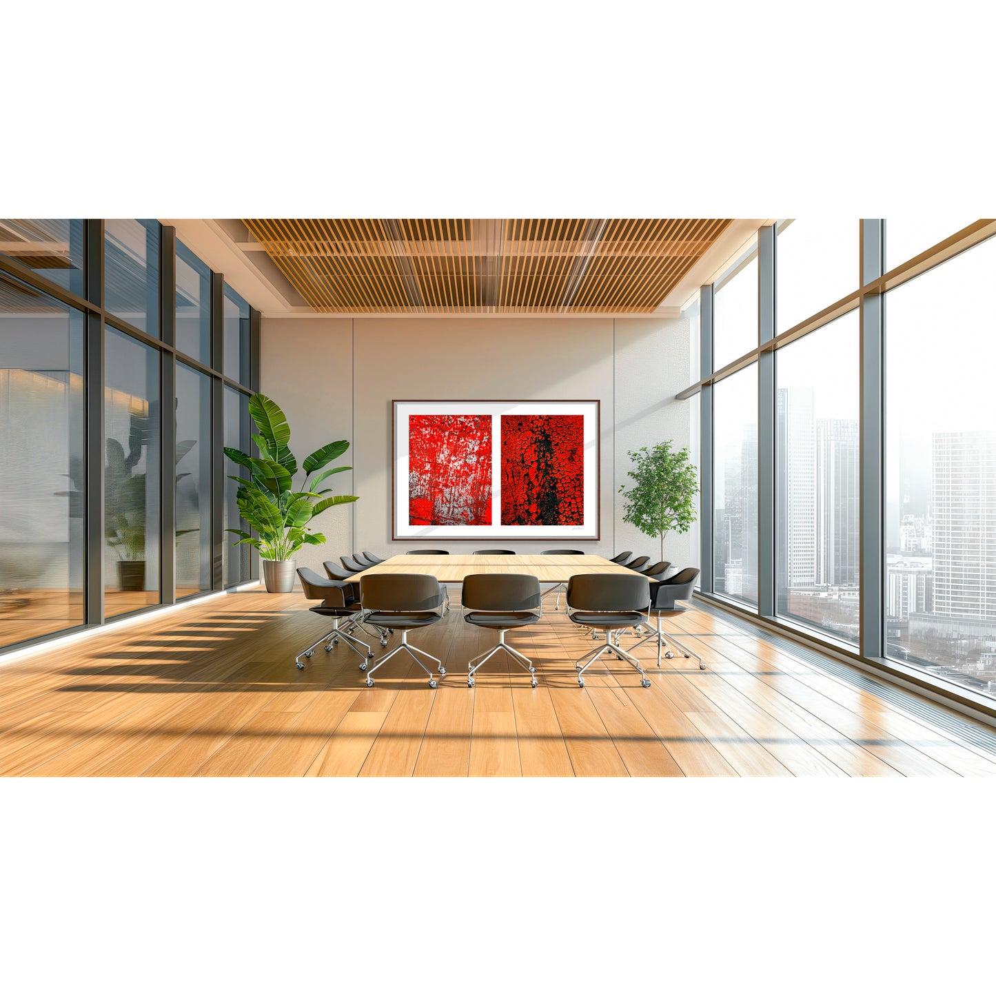 Abstract photographic diptych of highly textured surfaces in red, black, and white.  Example of x-large size framed in walnut in an office setting.