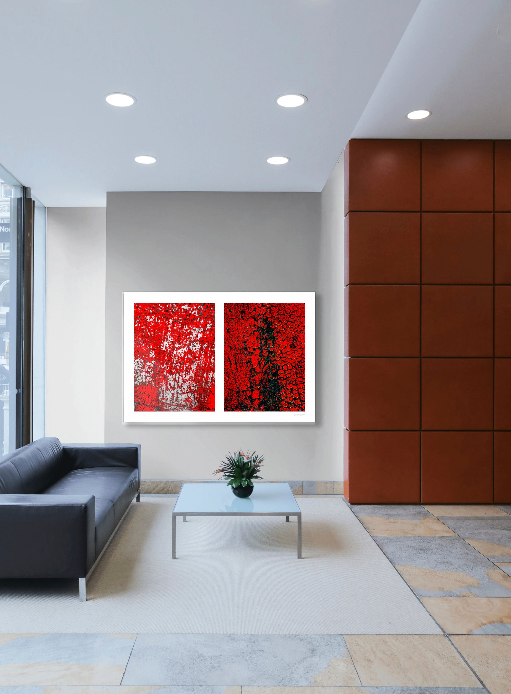 Abstract photographic diptych of highly textured surfaces in red, black, and white.  Example of large size in acrylic in a lobby setting.