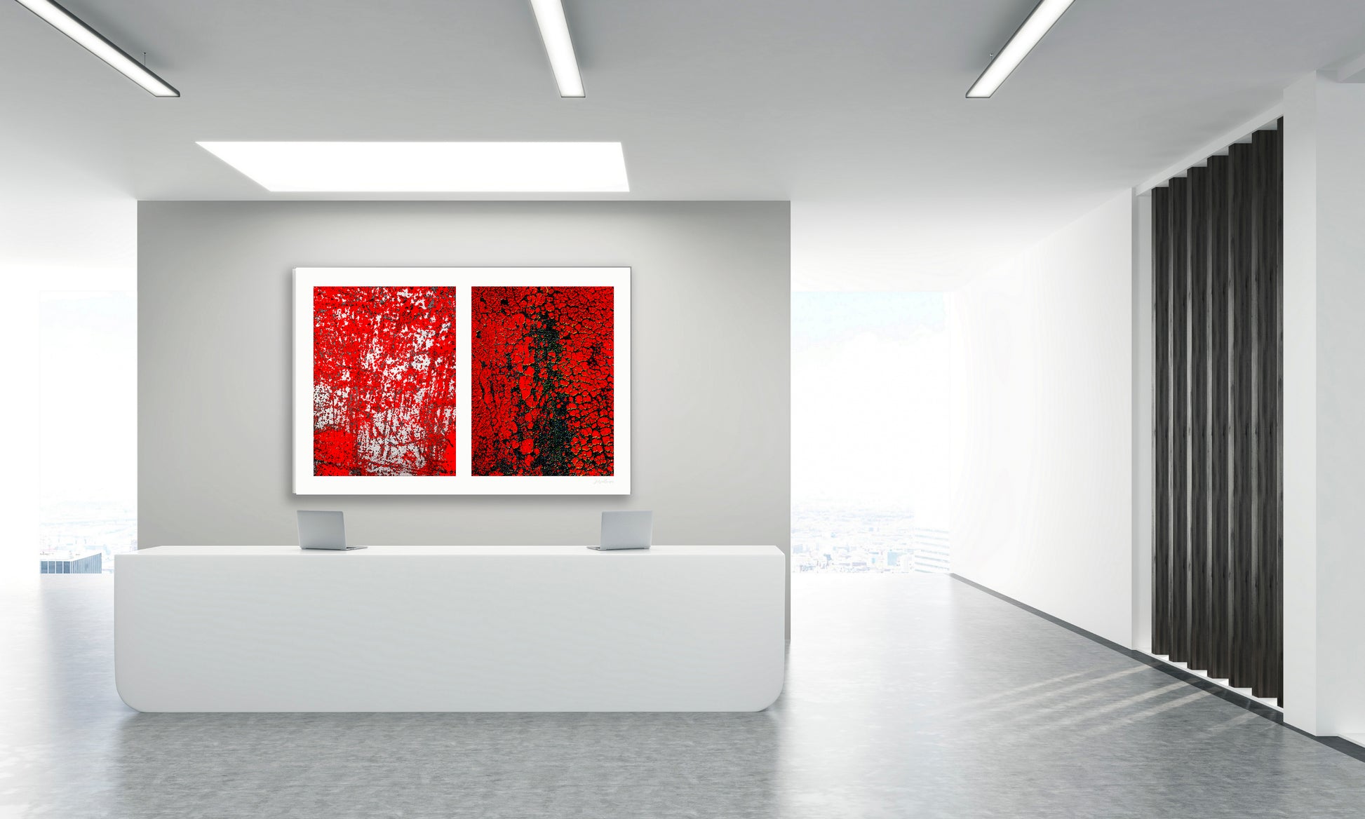 Abstract photographic diptych of highly textured surfaces in red, black, and white.  Example of large size in acrylic shown in a lobby setting.