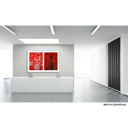 Crackles and Scrapes artwork by Susan Bowen, shown as 48x72 print. Features scratched steel road plate meets cracked and cratered bus lane paint in this intense red-and-black abstract street diptych.