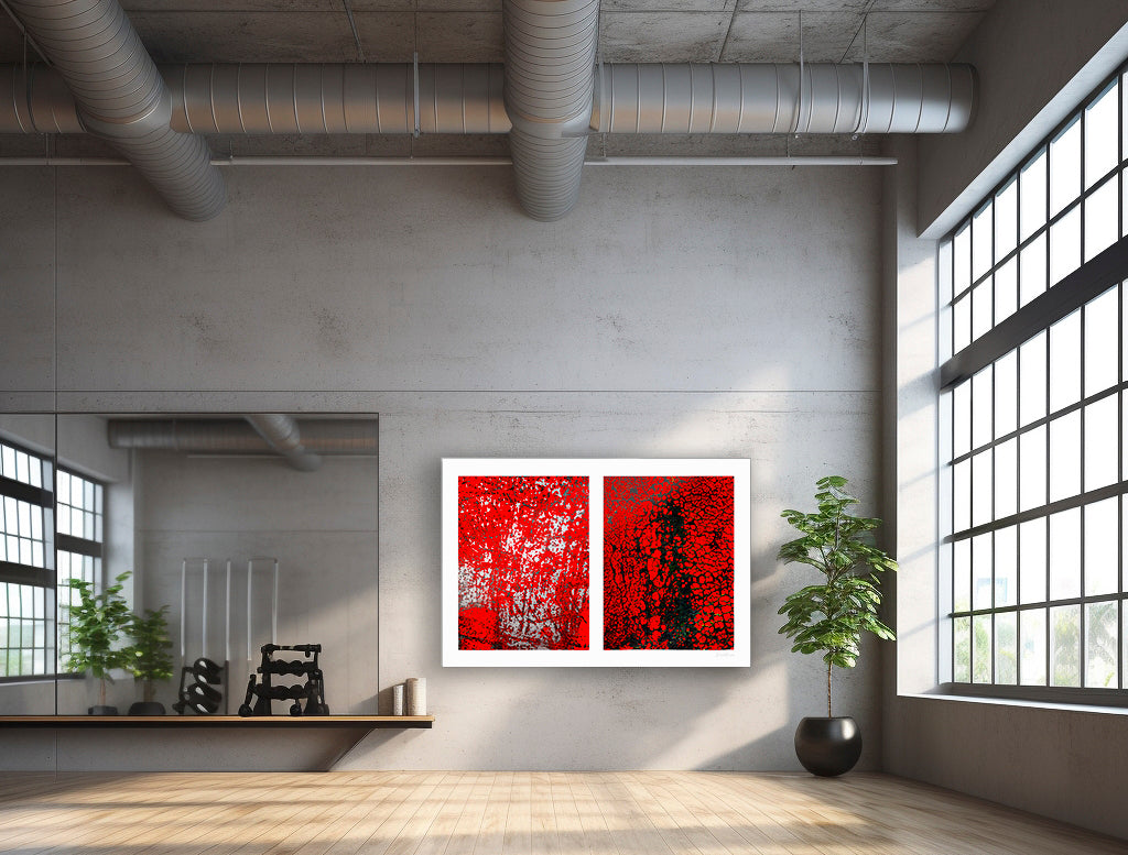 Abstract photographic diptych of highly textured surfaces in red, black, and white.  Example of x-large piece in acrylic shown in a large commercial space.