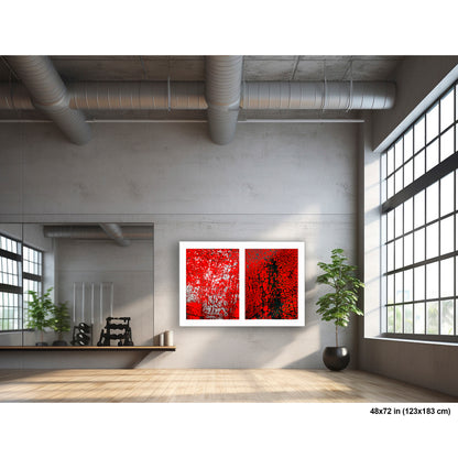 Crackles and Scrapes artwork by Susan Bowen, shown as 48x72 print. Features scratched steel road plate meets cracked and cratered bus lane paint in this intense red-and-black abstract street diptych.