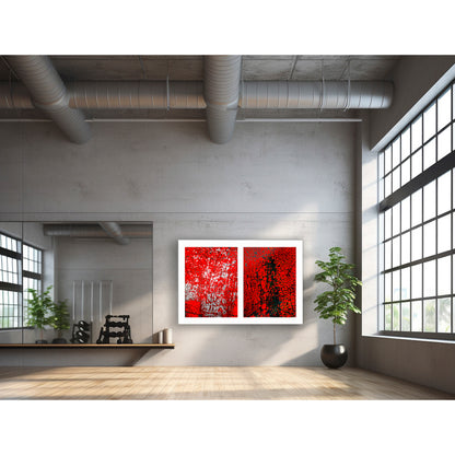 Abstract photographic diptych of highly textured surfaces in red, black, and white.  Example of x-large piece in acrylic shown in a large commercial space.