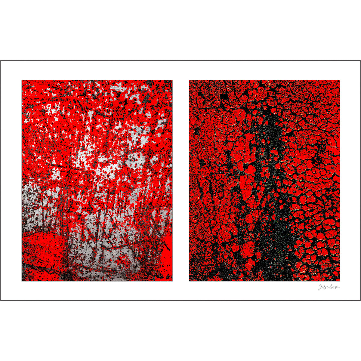 Crackles and Scrapes artwork by Susan Bowen. Features scratched steel road plate meets cracked and cratered bus lane paint in this intense red-and-black abstract street diptych.