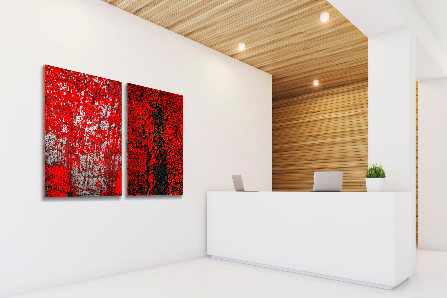 Abstract photographic diptych of highly textured surfaces in red, black, and white.  Example of multi-panel acrylic piece in a lobby setting.