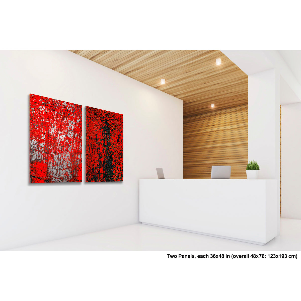 Crackles and Scrapes artwork by Susan Bowen. Two panels each 36x48 in; overall 48x76 in. Features scratched steel road plate meets cracked and cratered bus lane paint in this intense red-and-black abstract street diptych.