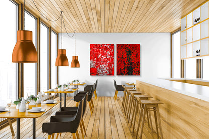Abstract photographic diptych of highly textured surfaces in red, black, and white.  Example of multi-panel acrylic piece in a restaurant setting.