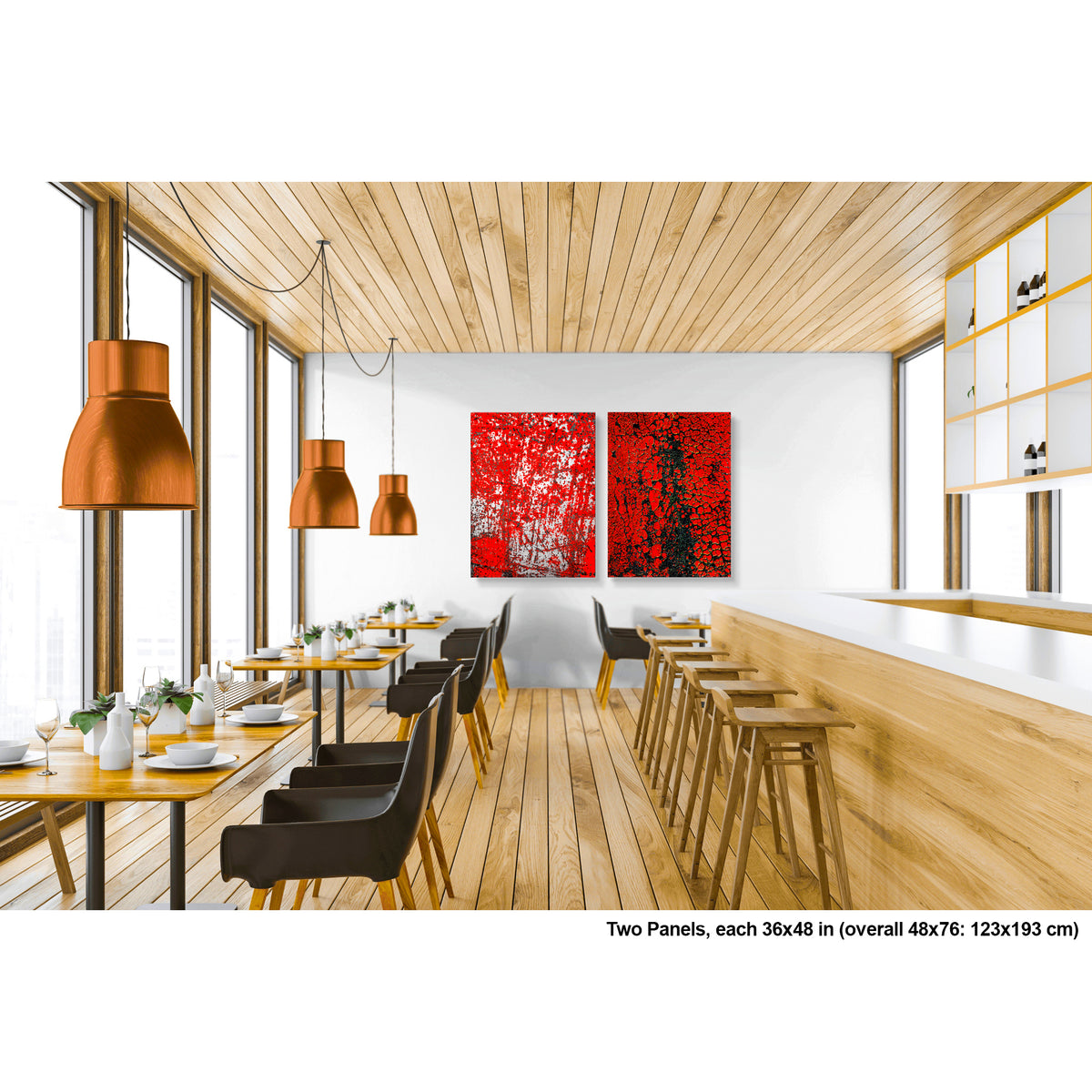 Crackles and Scrapes artwork by Susan Bowen. Two panels each 36x48 in; overall 48x76 in. Features scratched steel road plate meets cracked and cratered bus lane paint in this intense red-and-black abstract street diptych.