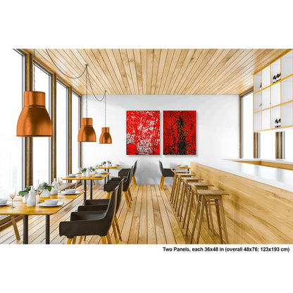 Crackles and Scrapes artwork by Susan Bowen. Two panels each 36x48 in; overall 48x76 in. Features scratched steel road plate meets cracked and cratered bus lane paint in this intense red-and-black abstract street diptych.