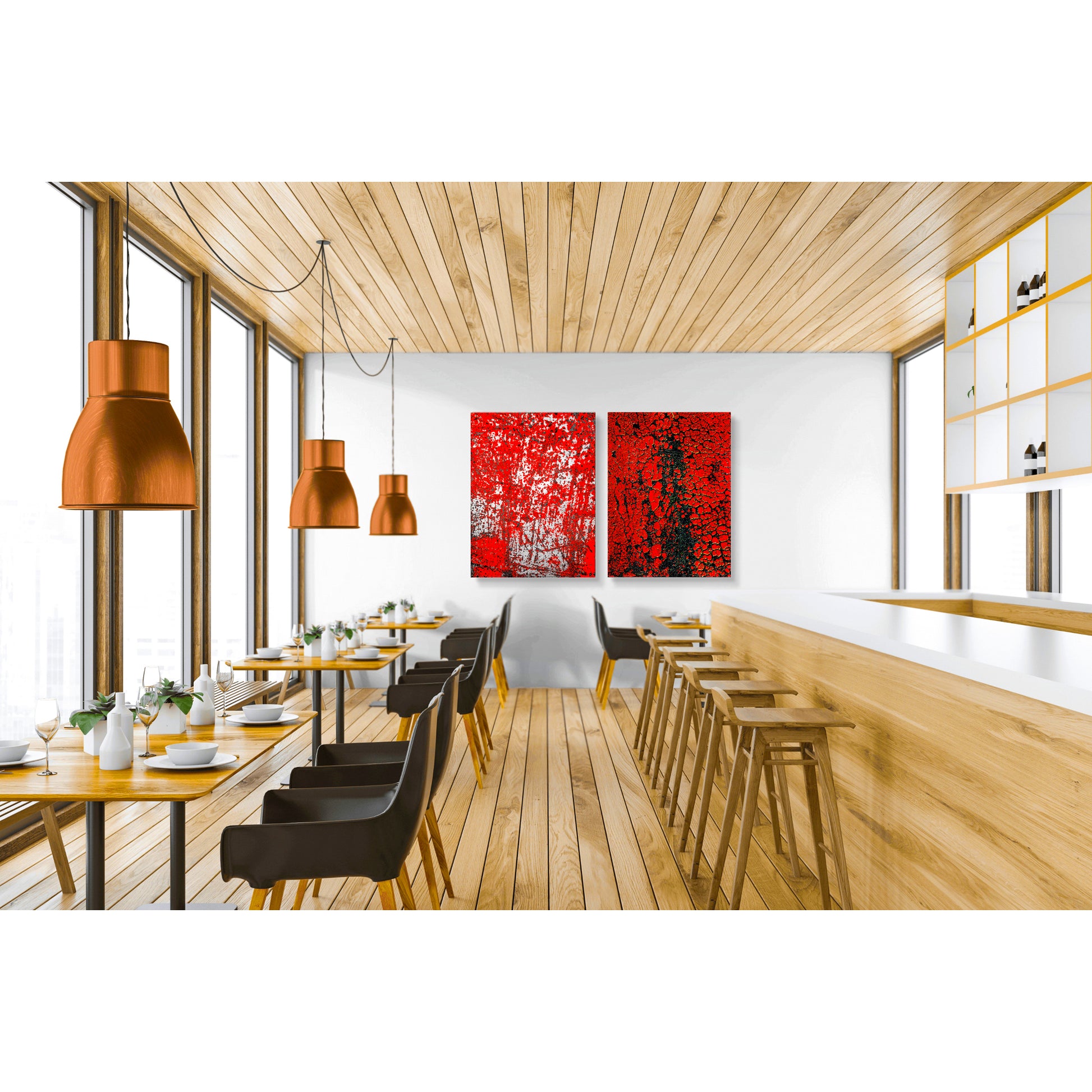Abstract photographic diptych of highly textured surfaces in red, black, and white.  Example of multi-panel acrylic piece in a restaurant setting.