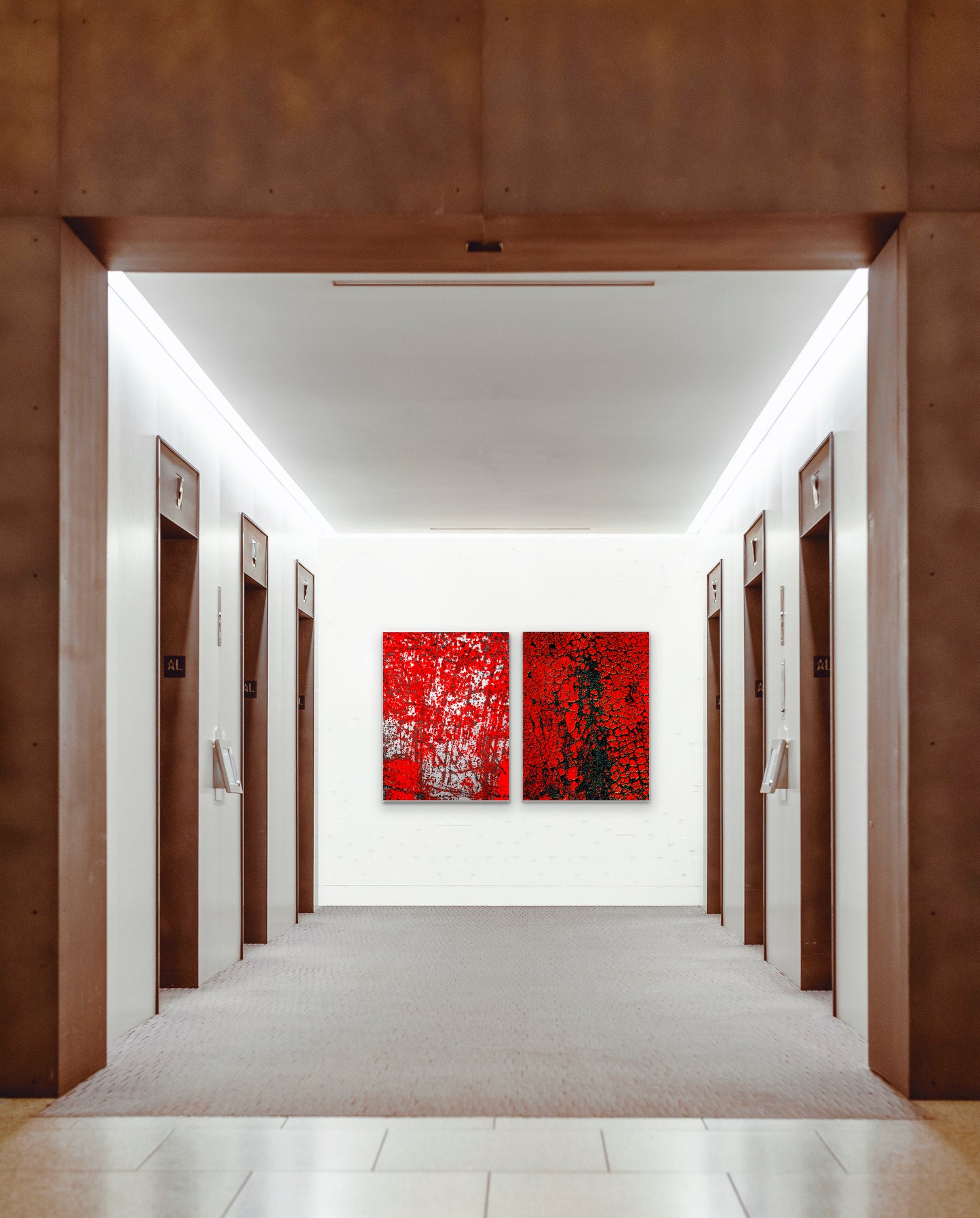 Abstract photographic diptych of highly textured surfaces in red, black, and white.  Example of multi-panel acrylic piece in a hotel setting.