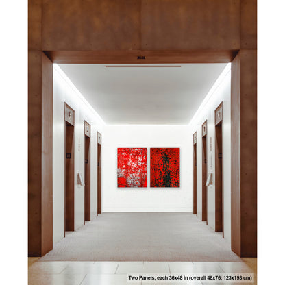 Crackles and Scrapes artwork by Susan Bowen. Two panels each 36x48 in; overall 48x76 in. Features scratched steel road plate meets cracked and cratered bus lane paint in this intense red-and-black abstract street diptych.