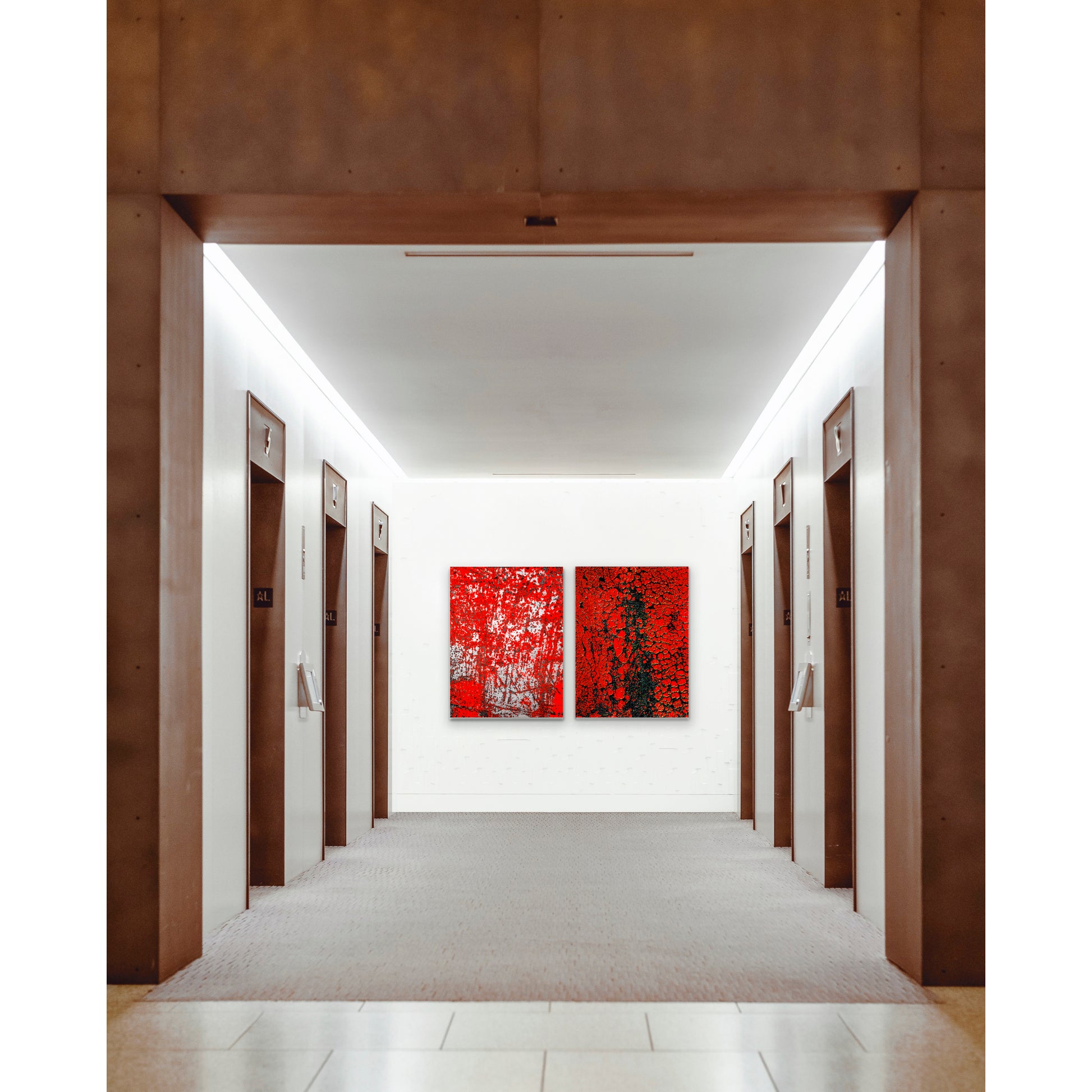 Abstract photographic diptych of highly textured surfaces in red, black, and white.  Example of multi-panel acrylic piece in a hotel setting.