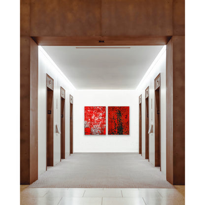 Abstract photographic diptych of highly textured surfaces in red, black, and white.  Example of multi-panel acrylic piece in a hotel setting.