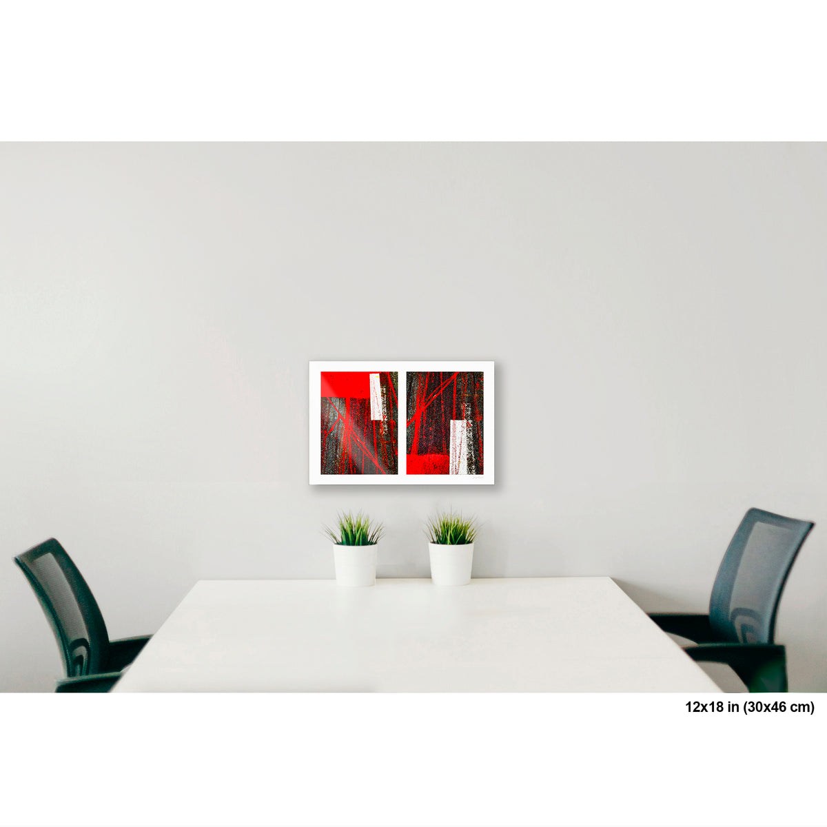 Street Lines and Bicycle Tracks artwork by Susan Bowen, shown as 12x18 print. Features bicycle tracks through wet red bus lane paint create a dynamic abstract diptych of line, geometry, and urban chance.