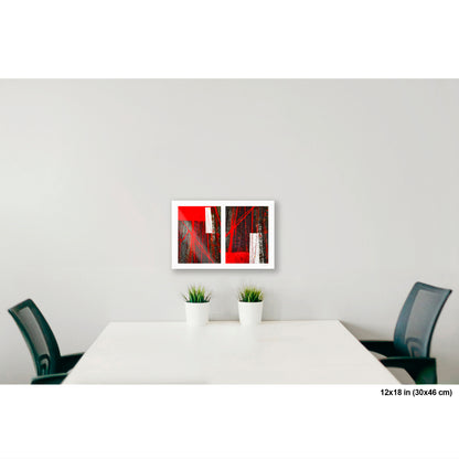 Street Lines and Bicycle Tracks artwork by Susan Bowen, shown as 12x18 print. Features bicycle tracks through wet red bus lane paint create a dynamic abstract diptych of line, geometry, and urban chance.