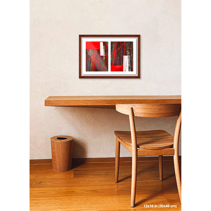 Street Lines and Bicycle Tracks artwork by Susan Bowen, shown as 12x18 framed print. Features bicycle tracks through wet red bus lane paint create a dynamic abstract diptych of line, geometry, and urban chance.