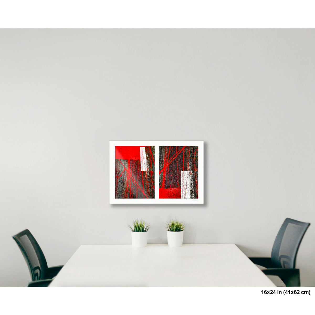 Street Lines and Bicycle Tracks artwork by Susan Bowen, shown as 16x24 print. Features bicycle tracks through wet red bus lane paint create a dynamic abstract diptych of line, geometry, and urban chance.