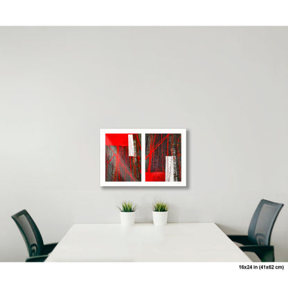 Street Lines and Bicycle Tracks artwork by Susan Bowen, shown as 16x24 print. Features bicycle tracks through wet red bus lane paint create a dynamic abstract diptych of line, geometry, and urban chance.