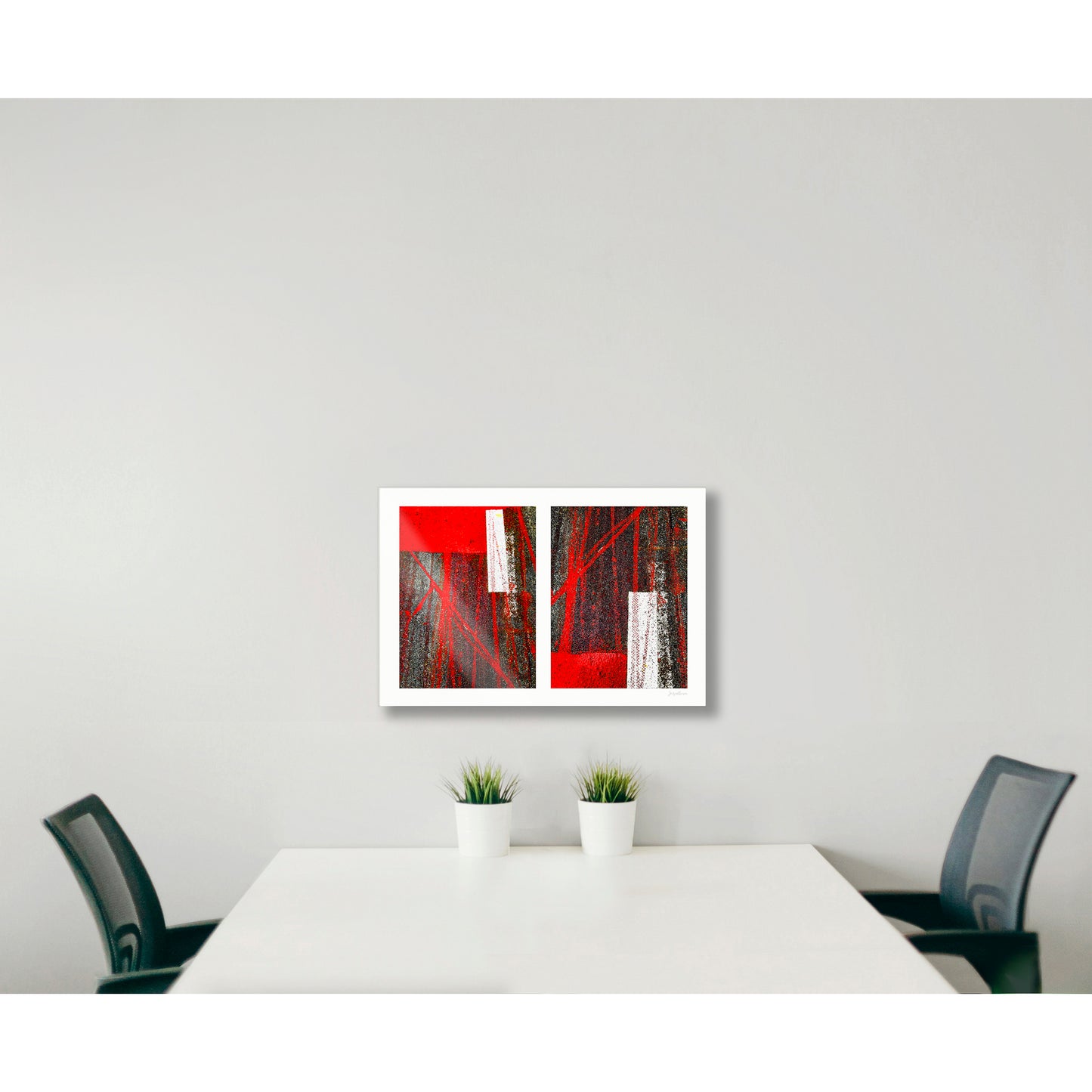 Abstract photograph diptych of red tire tracks and white lines
