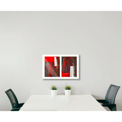 Abstract photograph diptych of red tire tracks and white lines