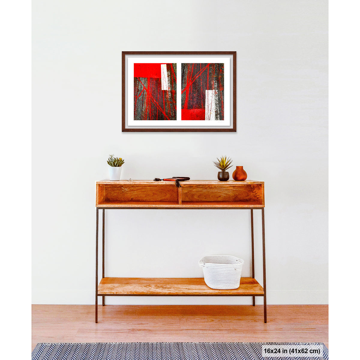 Street Lines and Bicycle Tracks artwork by Susan Bowen, shown as 16x24 framed print. Features bicycle tracks through wet red bus lane paint create a dynamic abstract diptych of line, geometry, and urban chance.