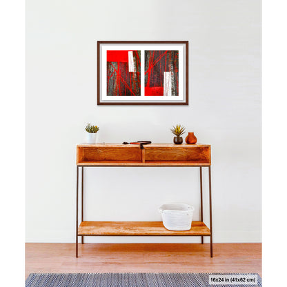 Street Lines and Bicycle Tracks artwork by Susan Bowen, shown as 16x24 framed print. Features bicycle tracks through wet red bus lane paint create a dynamic abstract diptych of line, geometry, and urban chance.