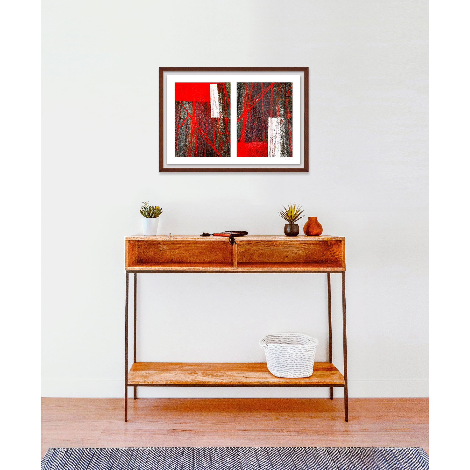 Abstract photograph diptych of red tire tracks and white lines
