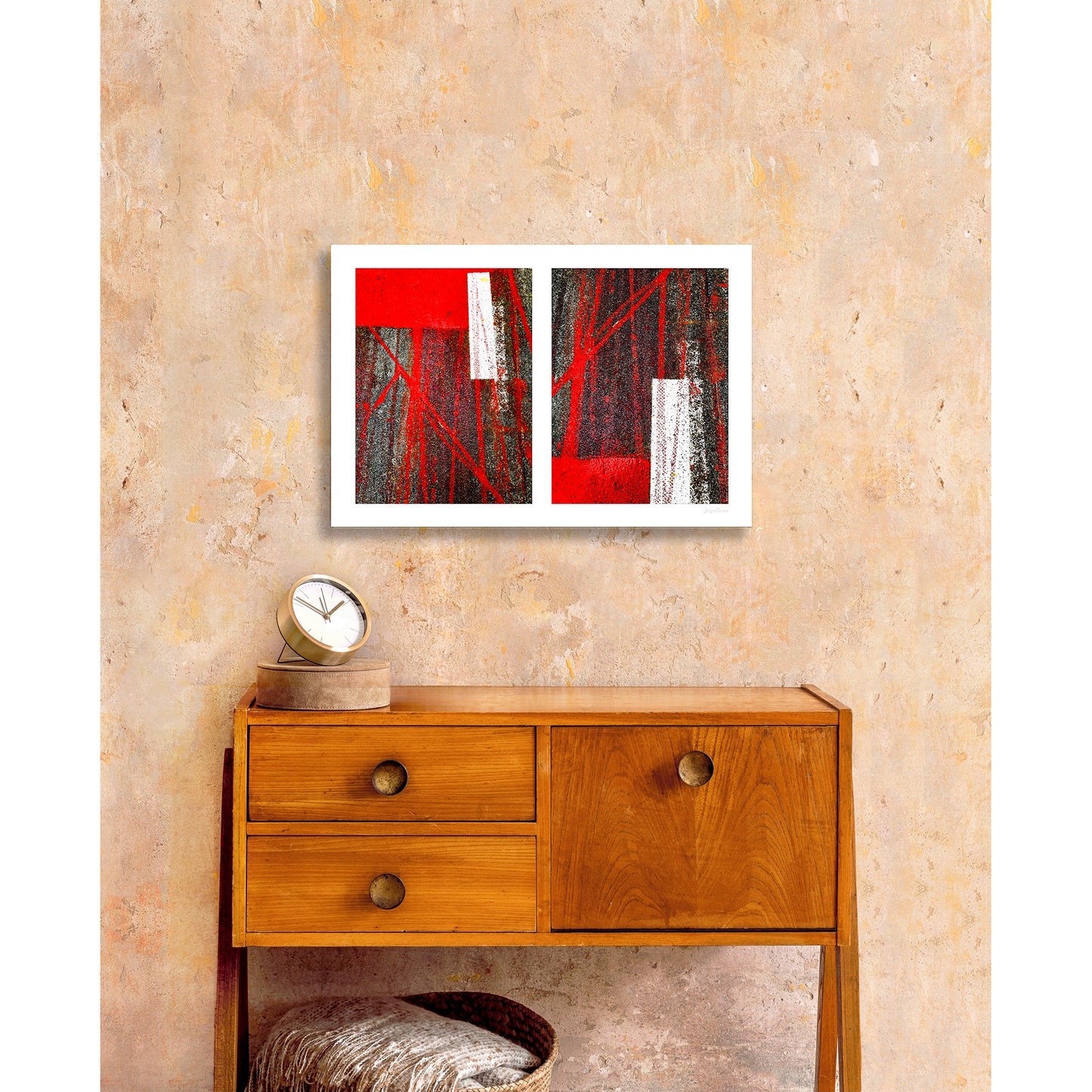 Abstract photograph diptych of red tire tracks and white lines