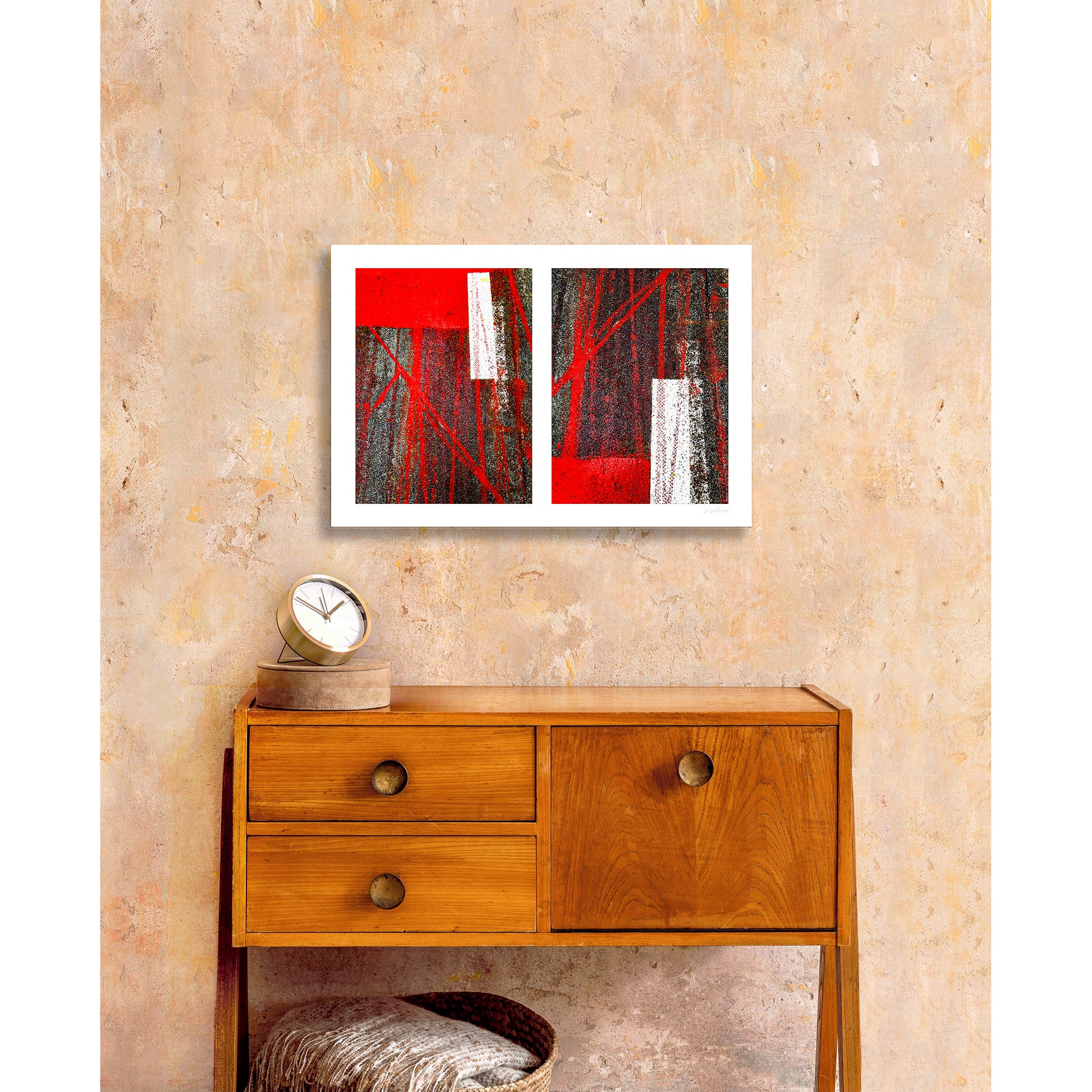Abstract photograph diptych of red tire tracks and white lines