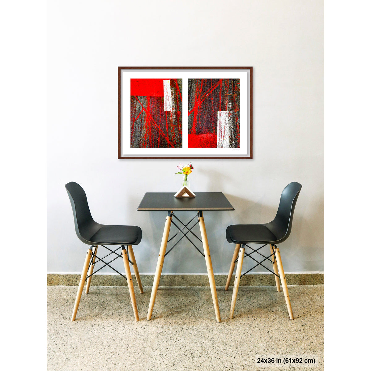Street Lines and Bicycle Tracks artwork by Susan Bowen, shown as 24x36 framed print. Features bicycle tracks through wet red bus lane paint create a dynamic abstract diptych of line, geometry, and urban chance.