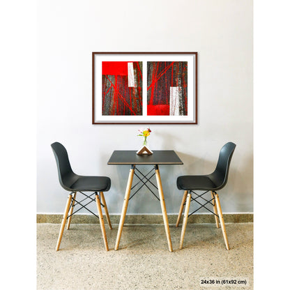 Street Lines and Bicycle Tracks artwork by Susan Bowen, shown as 24x36 framed print. Features bicycle tracks through wet red bus lane paint create a dynamic abstract diptych of line, geometry, and urban chance.