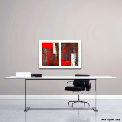 Street Lines and Bicycle Tracks artwork by Susan Bowen, shown as 24x36 print. Features bicycle tracks through wet red bus lane paint create a dynamic abstract diptych of line, geometry, and urban chance.