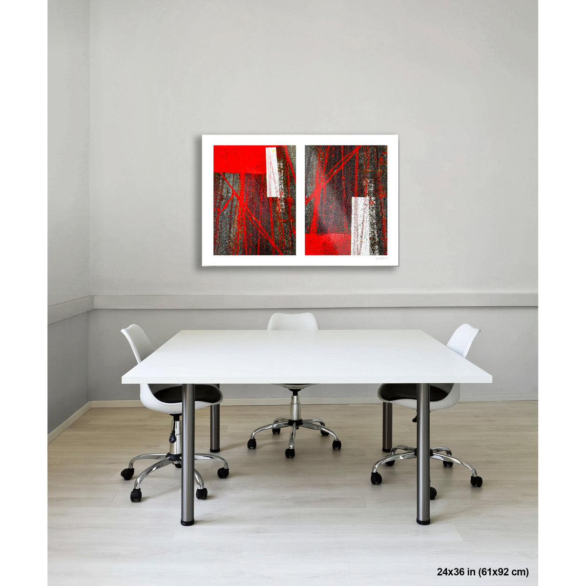 Street Lines and Bicycle Tracks artwork by Susan Bowen, shown as 24x36 print. Features bicycle tracks through wet red bus lane paint create a dynamic abstract diptych of line, geometry, and urban chance.