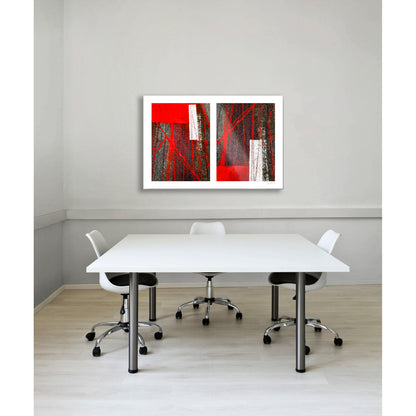 Abstract photograph diptych of red tire tracks and white lines