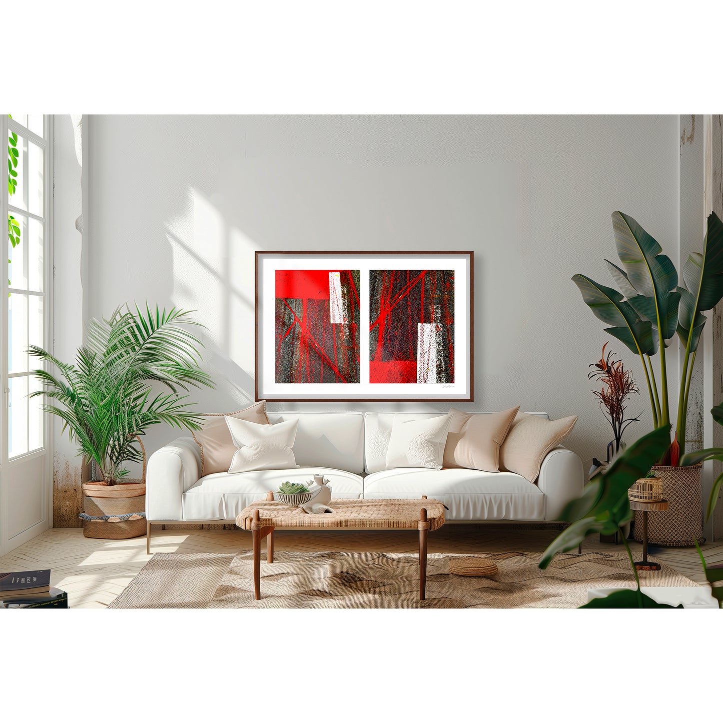 Abstract photograph diptych of red tire tracks and white lines