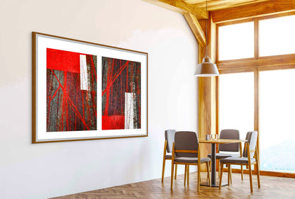 Abstract photograph diptych of red tire tracks and white lines