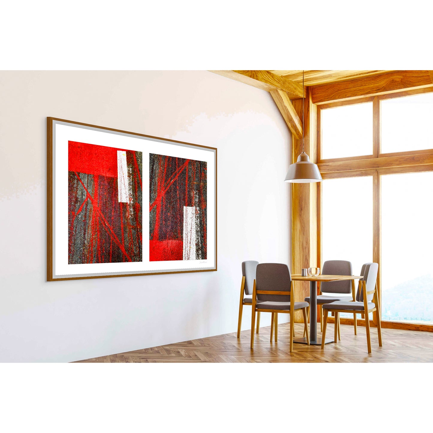 Abstract photograph diptych of red tire tracks and white lines