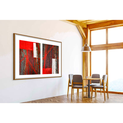 Abstract photograph diptych of red tire tracks and white lines