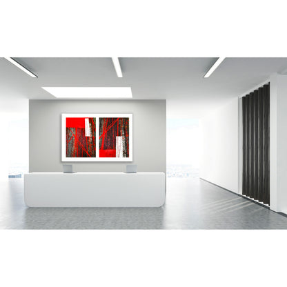 Abstract photograph diptych of red tire tracks and white lines