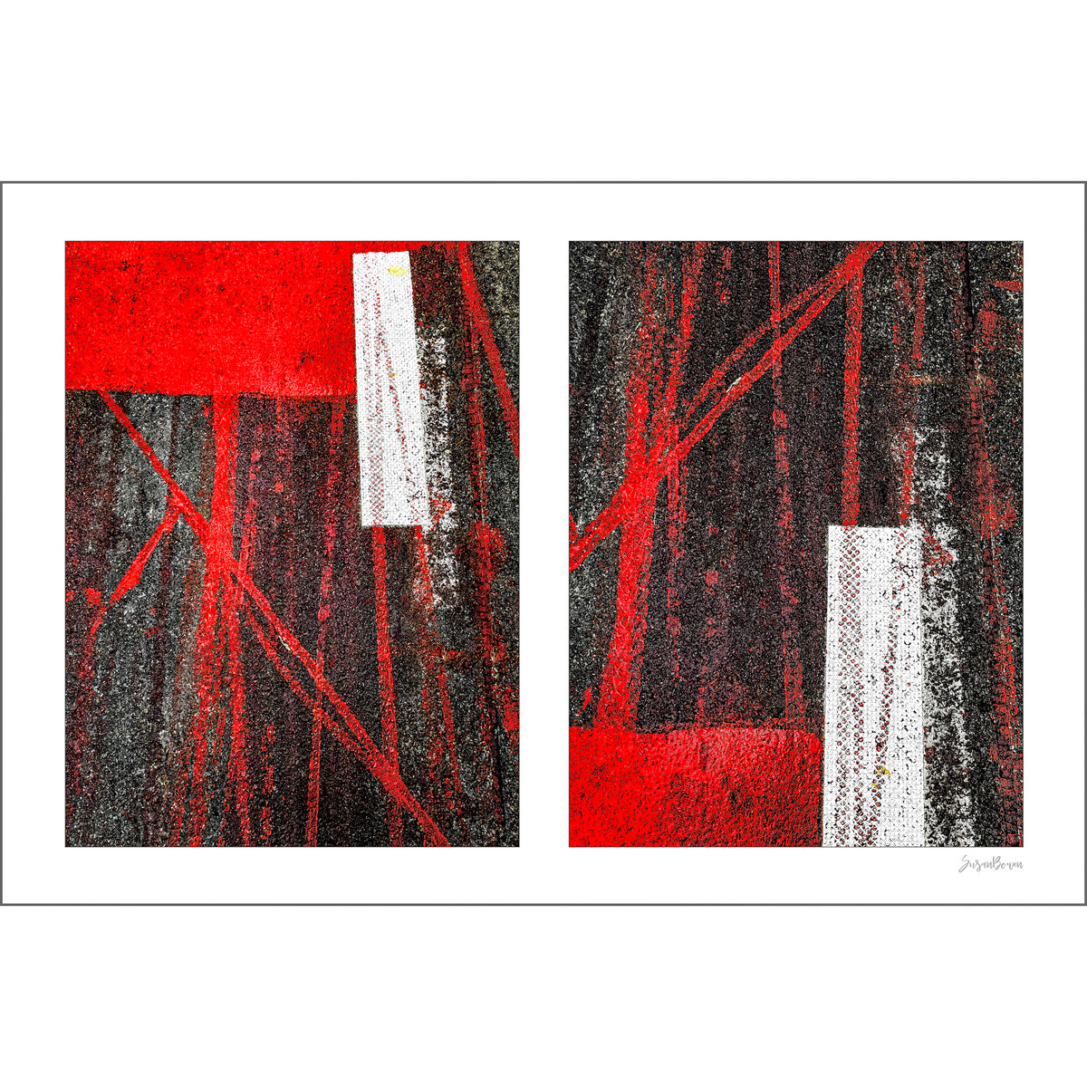 Street Lines and Bicycle Tracks artwork by Susan Bowen. Features bicycle tracks through wet red bus lane paint create a dynamic abstract diptych of line, geometry, and urban chance.