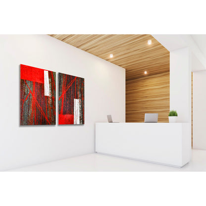 Abstract photograph diptych of red tire tracks and white lines