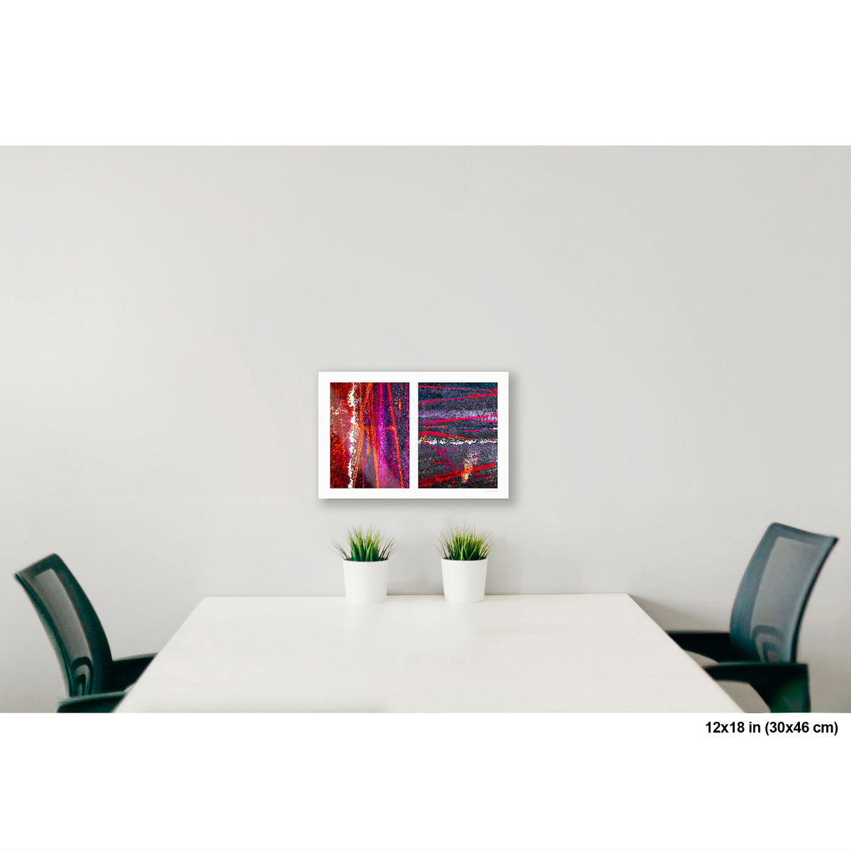 Colorful Bike Tracks Abstract artwork by Susan Bowen, shown as 12x18 print. Features bicycle tracks through wet paint yield a richly chromatic abstract diptych in red, orange, purple, and dark asphalt gray.